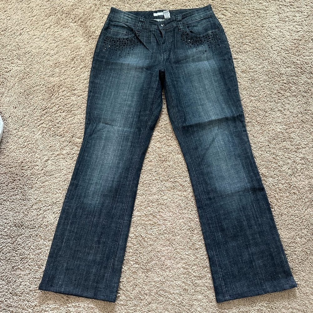 Chico's Platinum Womens Denim Jeans Size 1 Reg Blue Rhinestone 5 Pockets